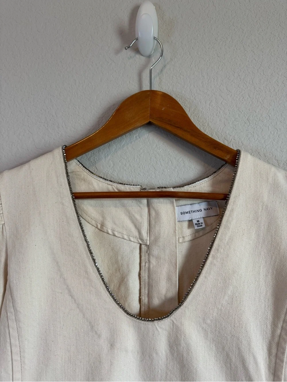 Something Navy Beige Spencer Denim Embellished Puff Sleeve Mini Dress Size M - Picture 4 of 10